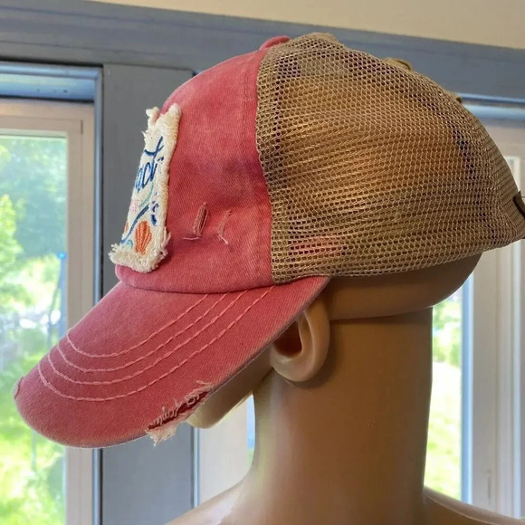 C C Beach Please Women Cap Hat Pink Beige Mesh Distressed Adjustable Barbiecore - Picture 10 of 13